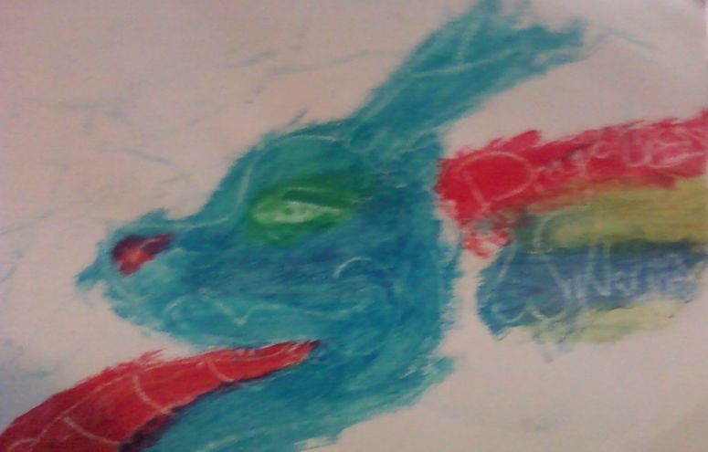 Can You See The Dragon? - Dragonness Wyverna
This was an interesting little craft we had the kids do at the Summer Fun Camp I work at. We drew on a piece of paper with white crayon, then painted over it with water color. The wax of the crayon kept the paint of the paper, leaving a white outline to box out the shape. Cool, huh?
Keywords: head