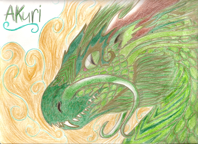 Akuri - By Kelsey Kwolek
This is a japanese dragon who works with Faith Oracle and his sister, Tsuna, who is Chinese, in a group call the Counsel of Alva. They take care of things with the balance, the better of the two worlds, and outer worldly problems.  my mom got me a bunch of new colored pencils, that work horridly, so its a little grainy, but the texture worked really well, and gave it a "cute look" rather than sad, depressed, evil, or vicious like I normally do. 

