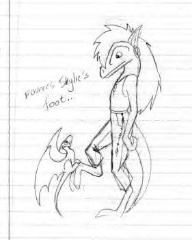 Pounce - By Lizzigator
Me as a hatchling pouncing on Skylie's foot. (One of my friends) For some reason I like drawing dragons with human characteristics now... O_o'
Keywords: Anthropomorphic