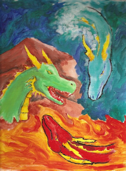 By i_heart_dragons
Ok, so this was one of my rare attempts at oil paint! Pretty much a disaster, resulting in this kinda' subpar pic; I also ended up with rainbow hands and a cat with multi color paws (she decided to walk across the paper then onto the floor, leaving a messy trail, oi ) It's an elemental theme if you hadn't already guessed.
