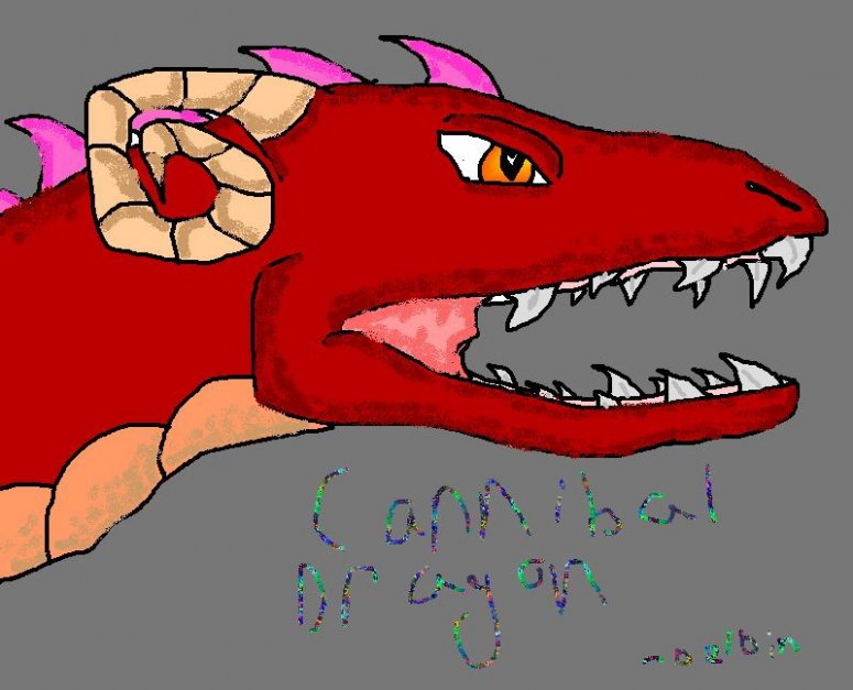 Cannibal Dragon - By Delbin
This is a Cannibal Dragon. They are called Cannibals because they eat dragons as well as other animals and humans. They eat dragons and humans only if there is nothing else. They are not evil dragons, just hungry.

