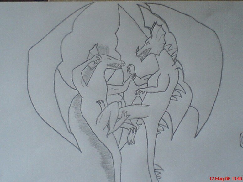 Clash of the Titans - By Lauren Anderson
My picture is of two dragons fighting in mid-flight that I drew in pencil with no colouring. One of the dragons is raising his claw to the other . He has fin-like ears with mohican-like spikes from his nose down to his tail. The rest of his body is just an original dragon shape with a large wing-span.

The other dragon has a horn on the tip of his nose, fin-like ears that start at the top of his head and stop right beneath his chin. He has spikes down his back which are placed with a space between each three. The rest of his body is just an original dragon shape with a large wing-span!
