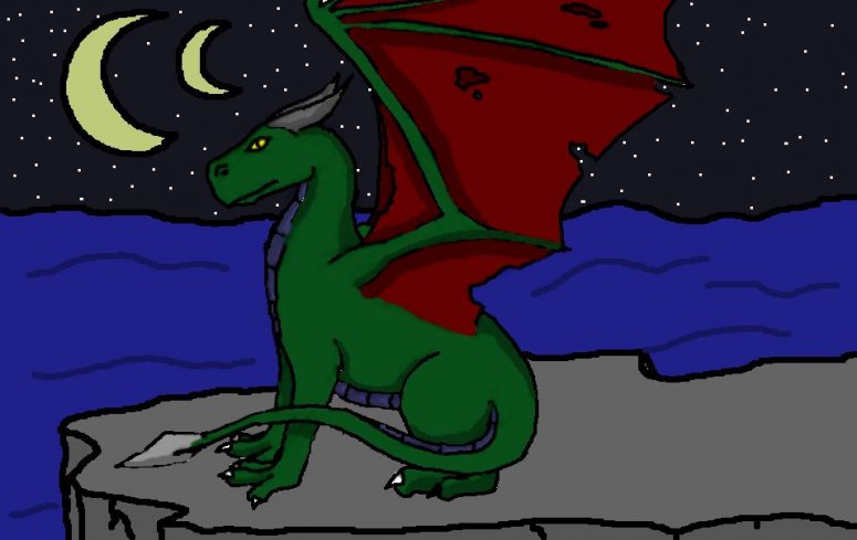 Rathius - By Aiolos
This is Rathius. He's not the slimmest of dragons, but doesn't mind his weight that much. The water turned out horrible, but I think the dragon turned out alright. The stars are square because GIMP doesn't have a round brush.
