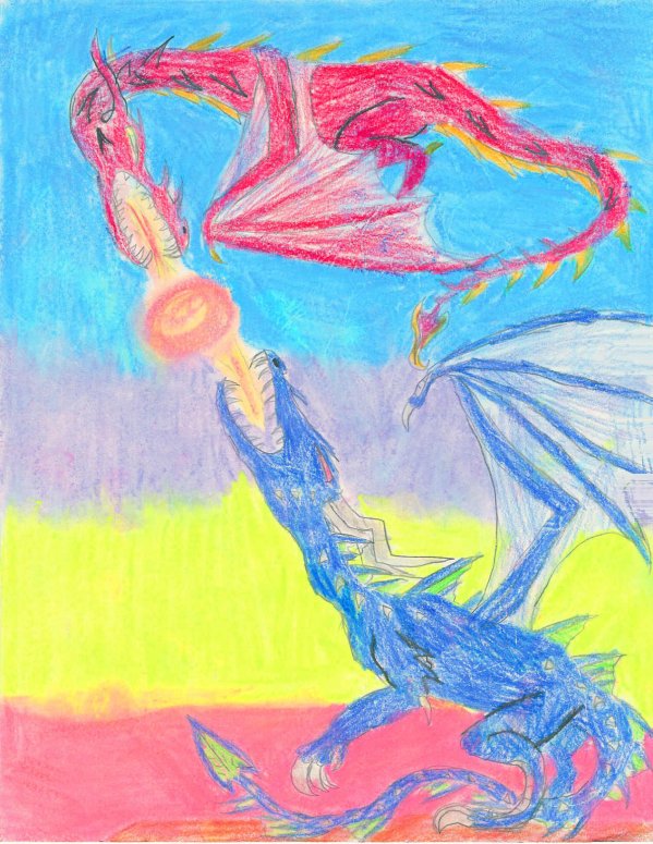 Draconic Battle - By Kristen
I found this pic of Pyran(blue) and Drake (red) under a bunch of papers.
Pyran is trying to win his right over the Black Rose through fire.
