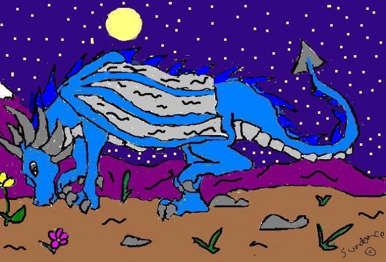 On the Trail - By Sundance
It's a frost dragon who has seemed to catch a whiff of something while walking about this fine, full-moon night.
